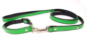 Halsband + Leine Lederset  inkl.Hundename + Schmuck GREEN