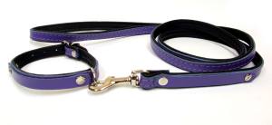 Halsband + Leine Lederset  inkl.Hundename + Schmuck PURPLE